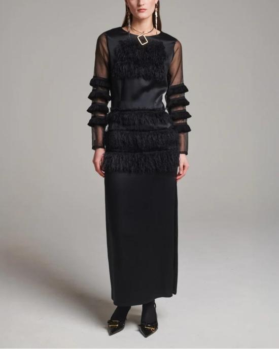  Frenken 롱 원피스 프렌켄 컴바인드 프린지 새틴 드레스 블랙 - OTHER BRANDS