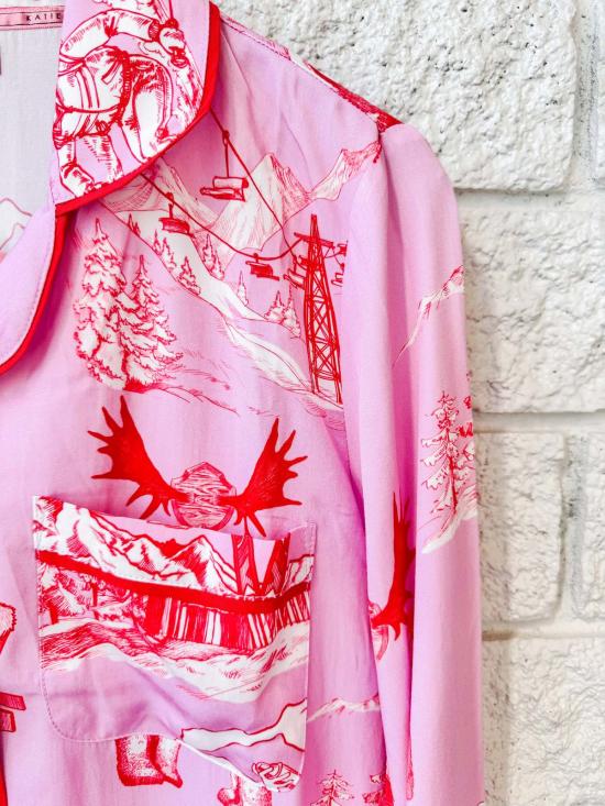  케이티 키메 언더웨어 에이프스 스키 투알 긴팔 파자마 팬츠 세트 라일락 크랜베리 - KATIE KIME