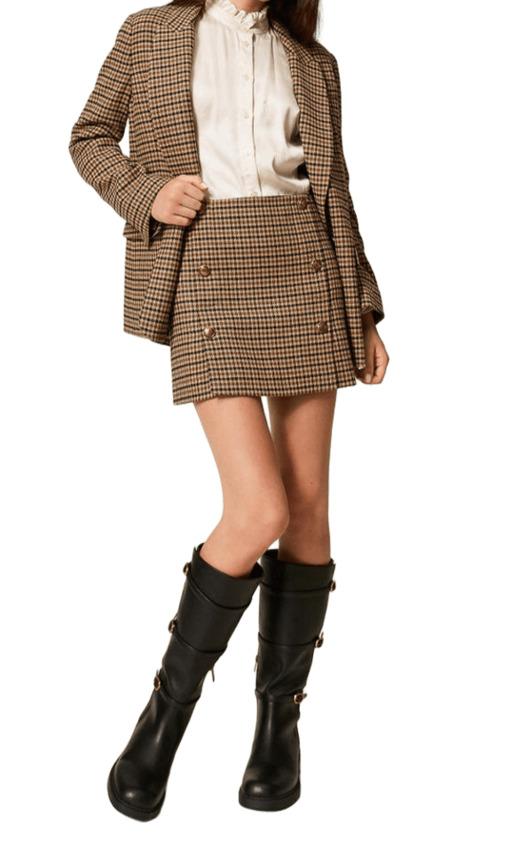 25FW 트윈셋 숏 스커트 252TT2422 12884 SMALL CHECK CAMMELLO NERO - TWINSET