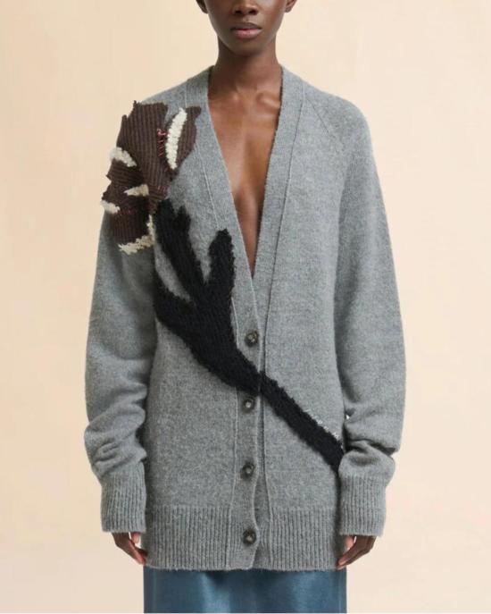  마르니 가디건 그레이 알파카 울 카디건 플라워 패치 그레이 카디건 - MARNI