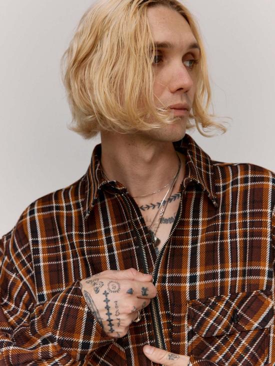  타카히로미야시타 더 솔로이스트 스웨터 . 브라운 플레드 코튼 하프 지퍼 풀오버 셔츠 - TAKAHIROMIYASHITA THE SOLOIST.