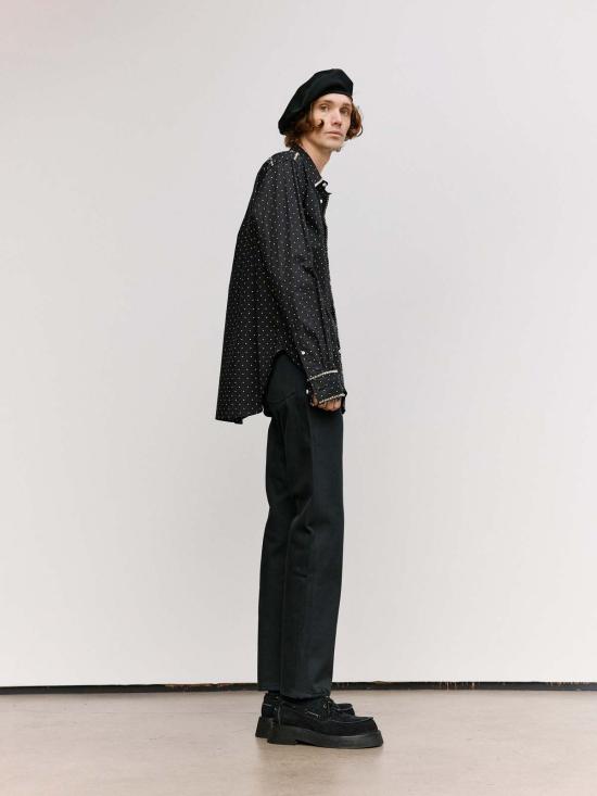  타카히로미야시타 더 솔로이스트 긴팔 셔츠 . 블랙 & 화이트 폴카 도트 스터드 칼라 - TAKAHIROMIYASHITA THE SOLOIST.