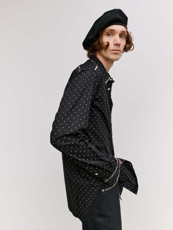  타카히로미야시타 더 솔로이스트 긴팔 셔츠 . 블랙 & 화이트 폴카 도트 스터드 칼라 - TAKAHIROMIYASHITA THE SOLOIST.