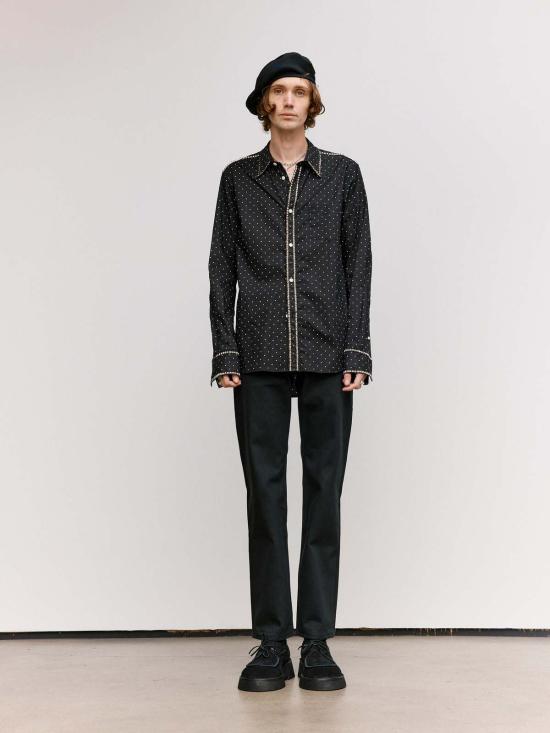  타카히로미야시타 더 솔로이스트 긴팔 셔츠 . 블랙 & 화이트 폴카 도트 스터드 칼라 - TAKAHIROMIYASHITA THE SOLOIST.