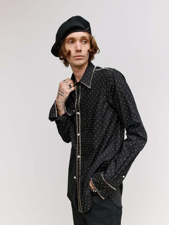  타카히로미야시타 더 솔로이스트 긴팔 셔츠 . 블랙 & 화이트 폴카 도트 스터드 칼라 - TAKAHIROMIYASHITA THE SOLOIST.