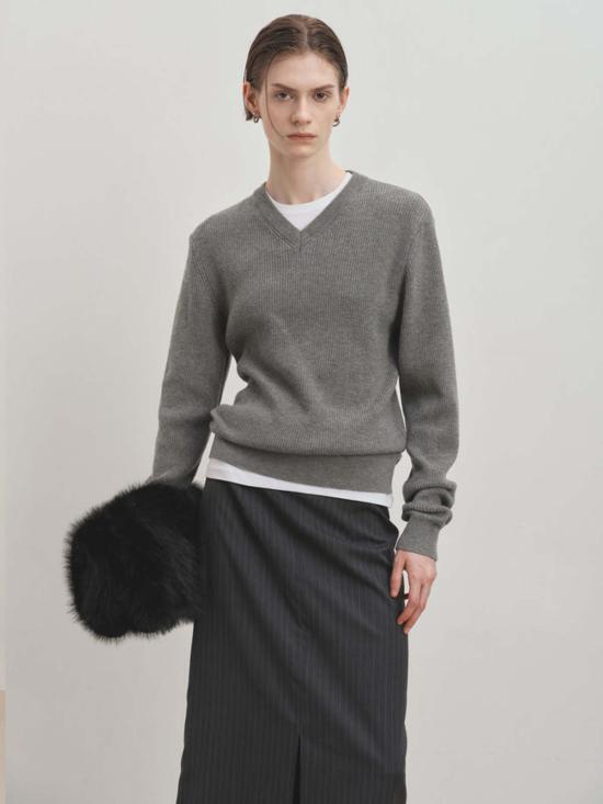  토니웩 스웨터 토니와크 리브 V넥  멜란지 그레이 - TONYWACK