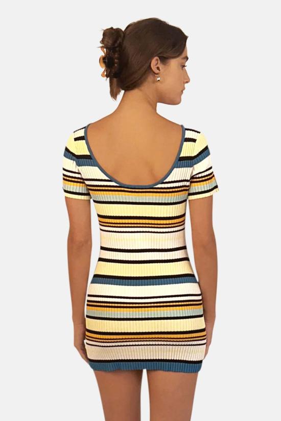  솔리드 앤 스트라이프 숏 원피스 카라 드레스, 바리에이티드 스트라이프 드레스 - SOLID AND STRIPED