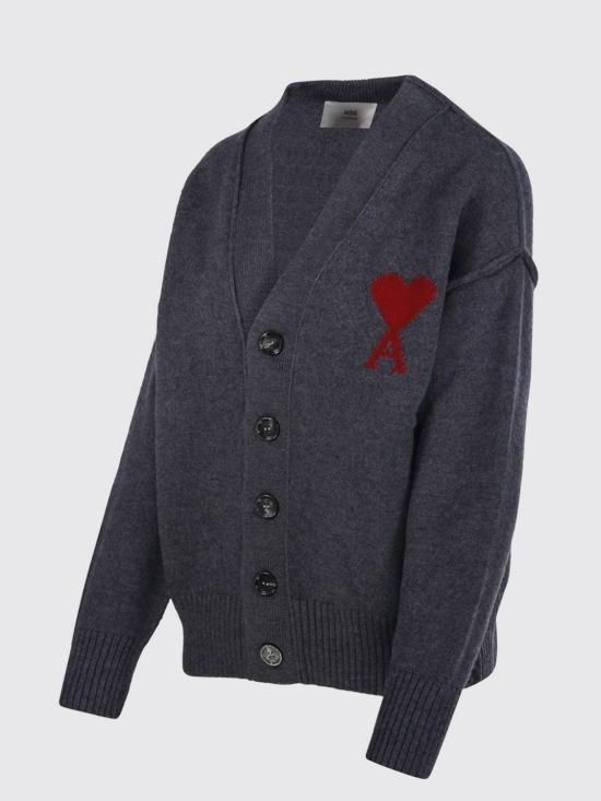 26FW 아미 하트 로고 인타르시아 V넥 가디건 UKC3670180 084 Charcoal - AMI