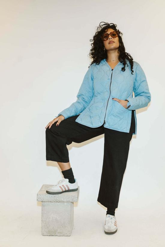  타이온 데님 자켓 블루 데님 밀리터리 지퍼 V넥 다운 재킷 - TAION