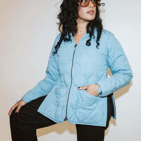  타이온 데님 자켓 블루 데님 밀리터리 지퍼 V넥 다운 재킷 - TAION