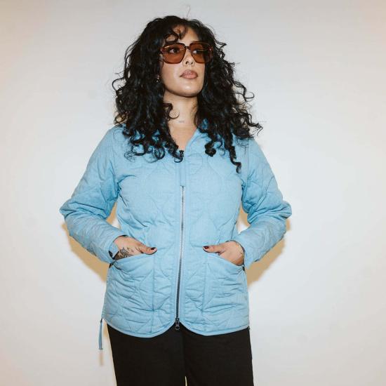  타이온 데님 자켓 블루 데님 밀리터리 지퍼 V넥 다운 재킷 - TAION