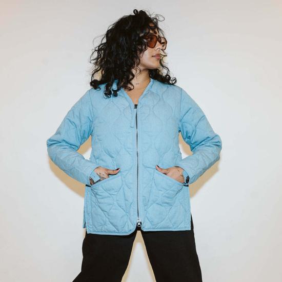  타이온 데님 자켓 블루 데님 밀리터리 지퍼 V넥 다운 재킷