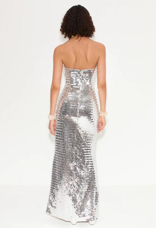  더 엔케이씨 스토어 롱 원피스 Nkc 스컬프티 스트랩리스 스팽글 드레스 새틀라이트 실버 - The NKC Store
