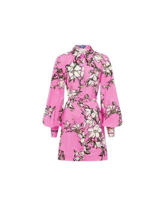  레오 린 숏 원피스 루미너스 리넨 미니 드레스 핑크 매그놀리아 프린트