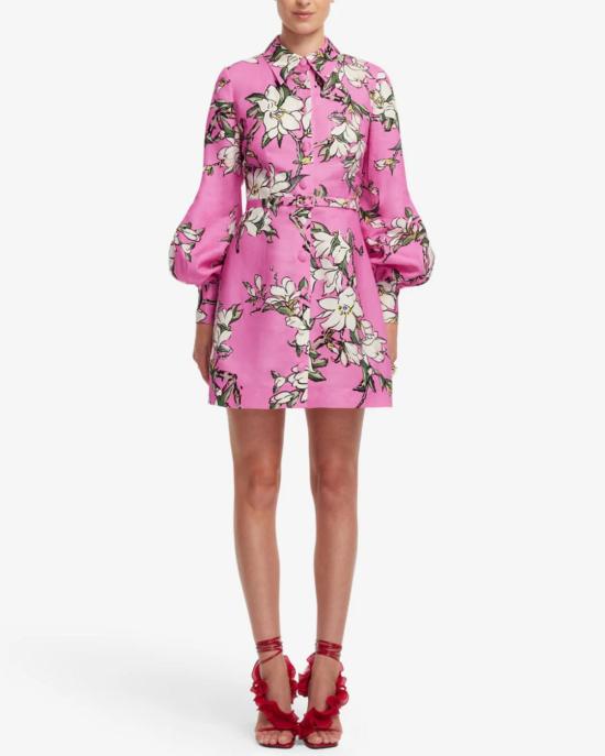  레오 린 숏 원피스 루미너스 리넨 미니 드레스 핑크 매그놀리아 프린트 - LEO LIN