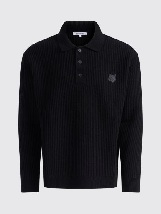 25FW 메종키츠네 폭스 헤드 울 립드 폴로 티셔츠 PM00213KT1149 P199 Black - MAISON KITSUNE