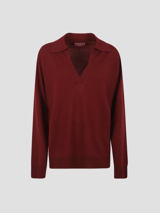 25FW 구찌 딥 브이넥 리브드 커프 울 폴로 스웨터 793883XKFA8 6318 RED