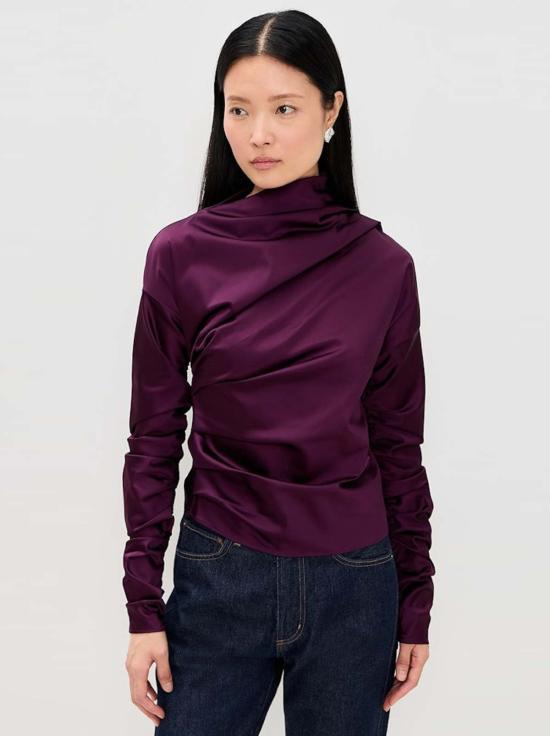  가니 블라우스 Ganni 스트레치 새틴 주름 장식 탑