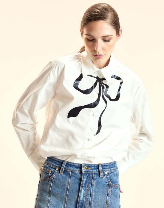  신시아 로리 셔츠 신시아 로울리 메탈릭 프린트 리본 셔츠 화이트 - CYNTHIA ROWLEY