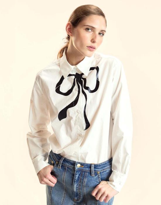  신시아 로리 셔츠 신시아 로울리 메탈릭 프린트 리본 셔츠 화이트