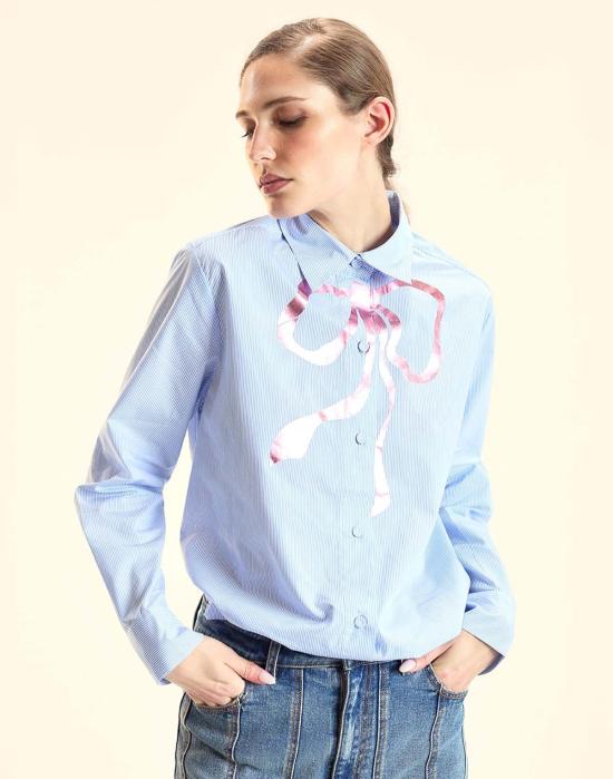  신시아 로리 셔츠 신시아 로울리 메탈릭 프린트 리본 셔츠 블루 - CYNTHIA ROWLEY