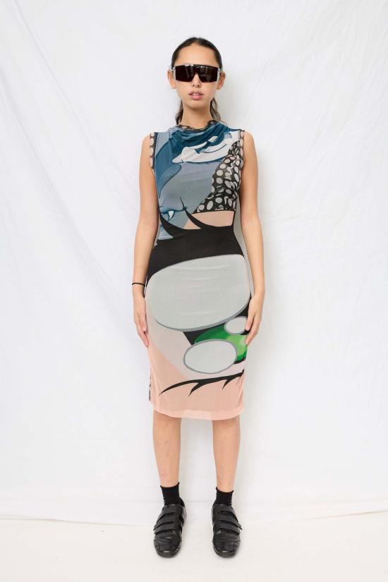  오토링거 미디 원피스 오톨링거 줄리앙 체칼디 프린트 메시 펜슬 드레스