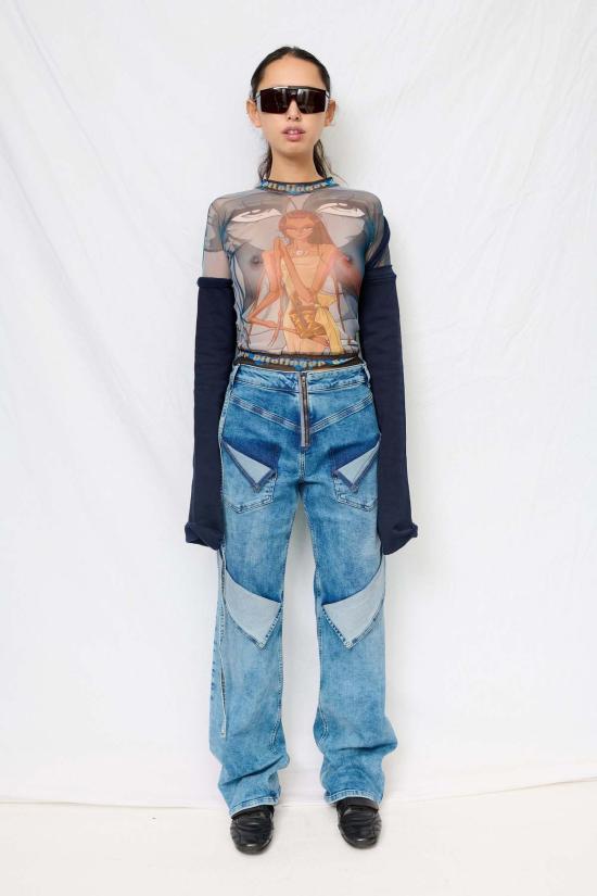  오토링거 긴팔 티셔츠 Ottolinger Julien Ceccaldi 프린트 메시 하이브리드 롱슬리브 탑 - OTTOLINGER