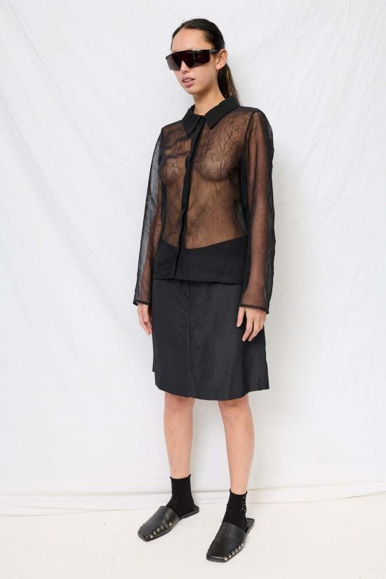  어셈블리 뉴욕 블라우스 조립형 블랙 크링클 쉬폰 피팅 버튼업 탑 - ASSEMBLY NEW YORK