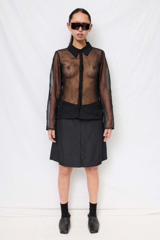  어셈블리 뉴욕 블라우스 조립형 블랙 크링클 쉬폰 피팅 버튼업 탑 - ASSEMBLY NEW YORK