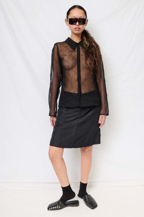  어셈블리 뉴욕 블라우스 조립형 블랙 크링클 쉬폰 피팅 버튼업 탑 - ASSEMBLY NEW YORK