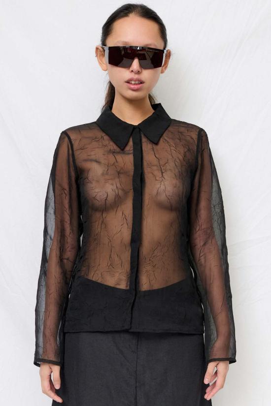  어셈블리 뉴욕 블라우스 조립형 블랙 크링클 쉬폰 피팅 버튼업 탑