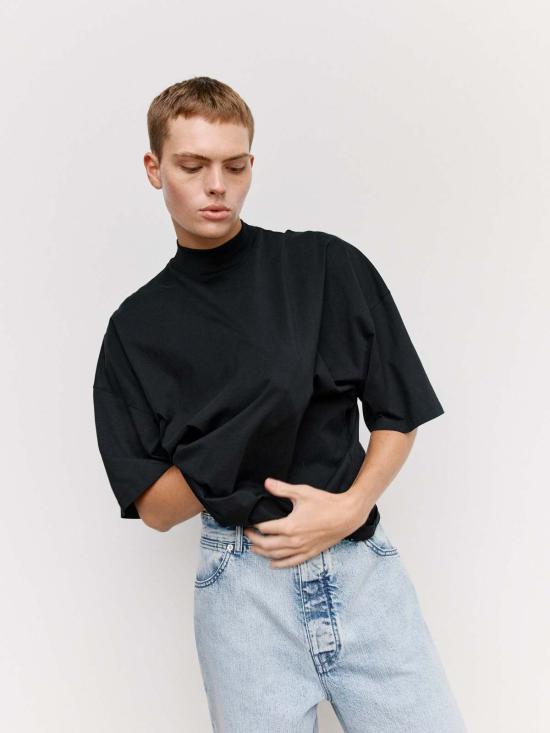  질샌더 반팔 티셔츠 질 샌더 블랙 코튼 모크넥 티셔츠 - JIL SANDER