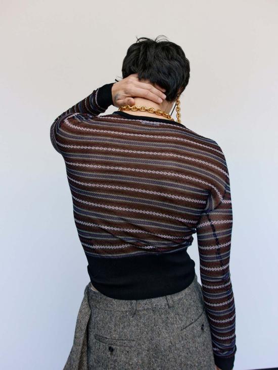  JW앤더슨 스웨터 JW 앤더슨 블랙 코튼 울 쉬어 페어 아일 롱슬리브 탑 - JW ANDERSON
