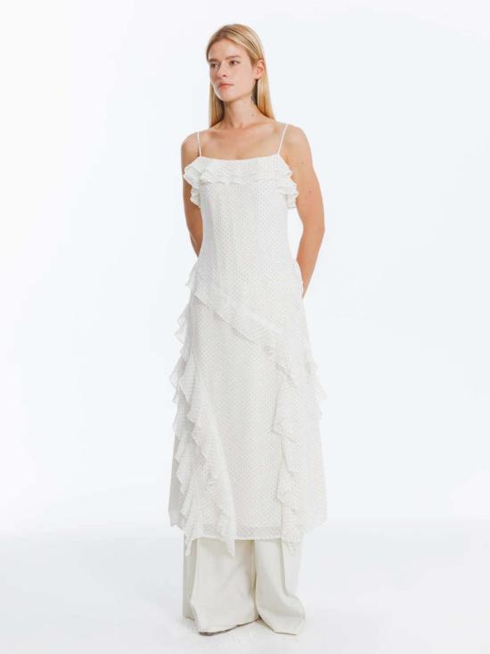  Cubic 롱 원피스 큐빅 이레귤러 러플 폴카 도트 슬링 드레스