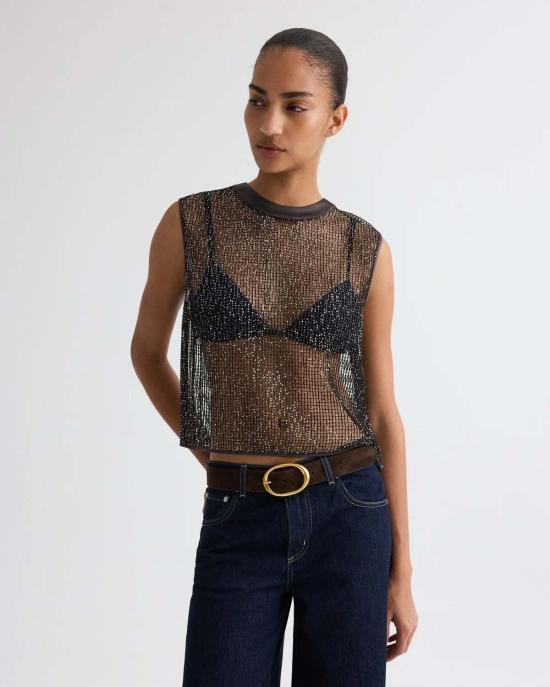  티더블유피 민소매 티셔츠 Twp 숏 머슬 탱크 인 미니 스팽글 네팅 다크 초콜릿/실버 - TWP