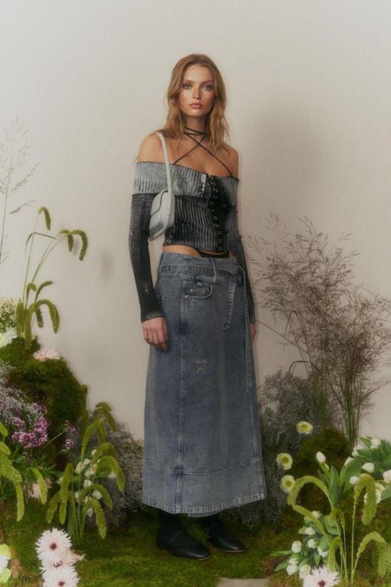  하우스오브써니 데님 스커트 하우스 오브 선니 로우 라이더  선페이드 데님 - HOUSE OF SUNNY