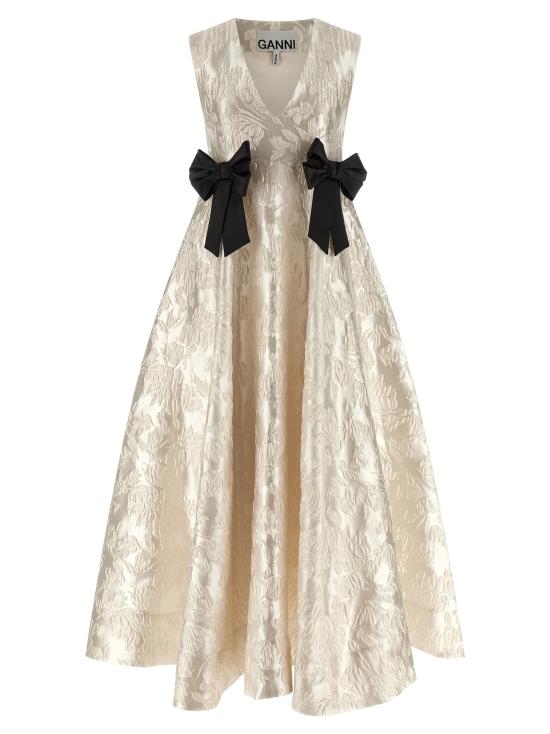 26SS 가니 새틴 클로케 보우 V넥 롱 드레스 A1030151135 White