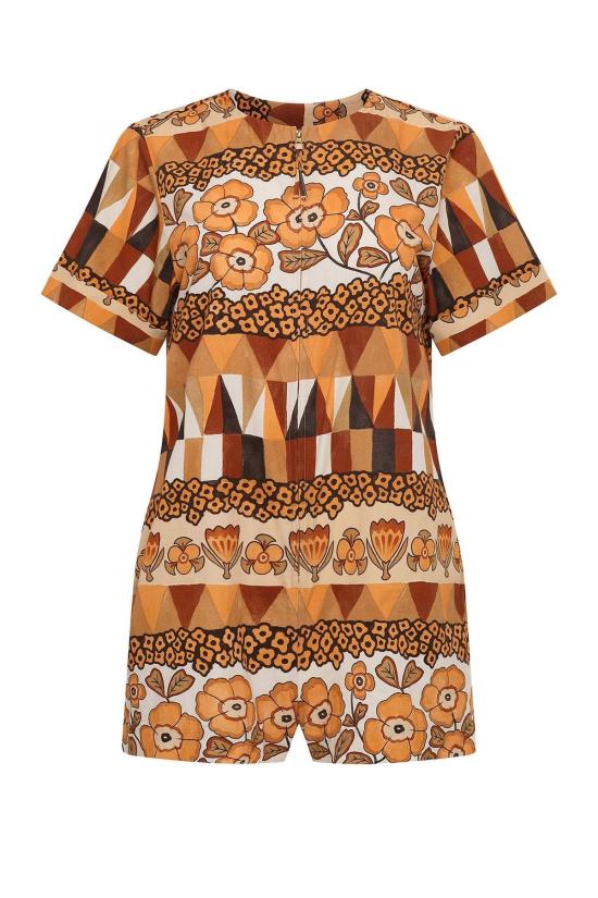  캐롤리나 케이 점프수트 캐롤라이나 K 틸리 롬퍼 롬부스 플라워 브라운 프린트 패턴 - CAROLINA K