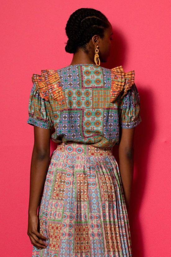  캐롤리나 케이 셔츠 캐롤라이나 K 벨라  반팔 믹스 타일 바질 - CAROLINA K