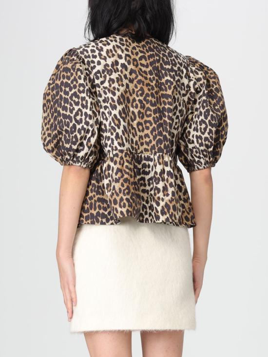 26SS 가니 레오파드 코튼 포플린 페플럼 타이 블라우스 F9116 943 Brown - GANNI