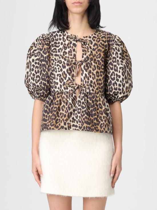 26SS 가니 레오파드 코튼 포플린 페플럼 타이 블라우스 F9116 943 Brown