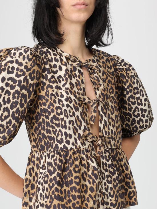 26SS 가니 레오파드 코튼 포플린 페플럼 타이 블라우스 F9116 943 Brown - GANNI