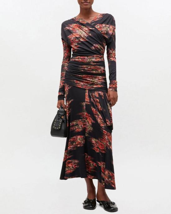  가니 롱 원피스 프린트 샤이니 저지 러칭 드레스 블랙 - GANNI