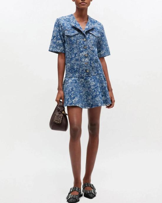  가니 숏 원피스 태피스트리 미니 드레스 미드 스톤 블루 - GANNI