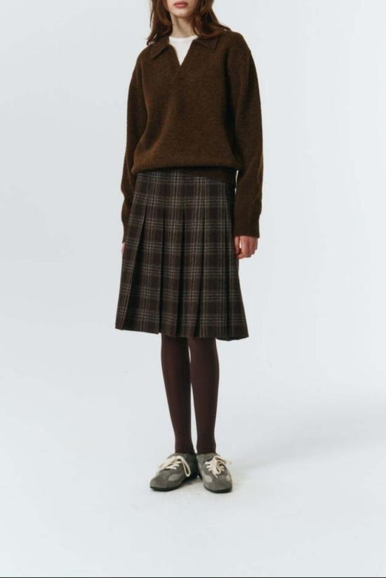  던스트 미디 스커트 플란넬 플리츠  브라운 체크 플레드 - DUNST