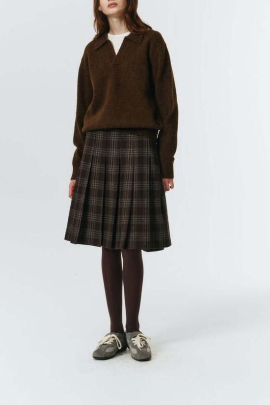  던스트 미디 스커트 플란넬 플리츠  브라운 체크 플레드 - DUNST