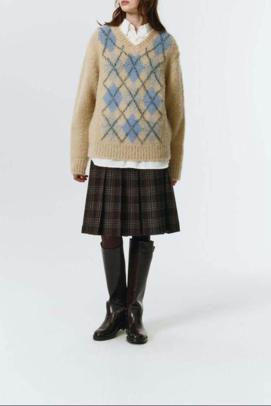  던스트 미디 스커트 플란넬 플리츠  브라운 체크 플레드 - DUNST