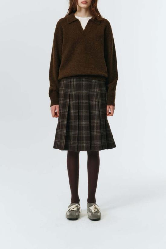  던스트 미디 스커트 플란넬 플리츠  브라운 체크 플레드 - DUNST