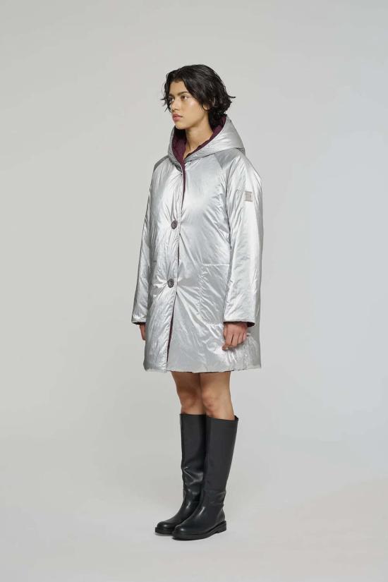  오오에프 자켓 후드가 달린 양면 미드 길이 재킷 실버/플럼