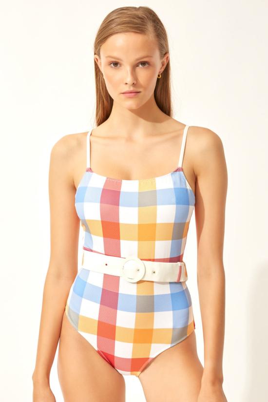  솔리드 앤 스트라이프 원피스 수영복 니나 벨트 원피스 비치 플레드